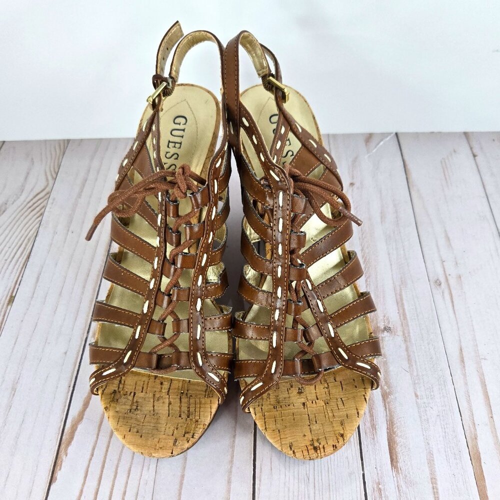 GUESS Gladiator Wedge Sandals Brown Leather Cork Women’s Size 9